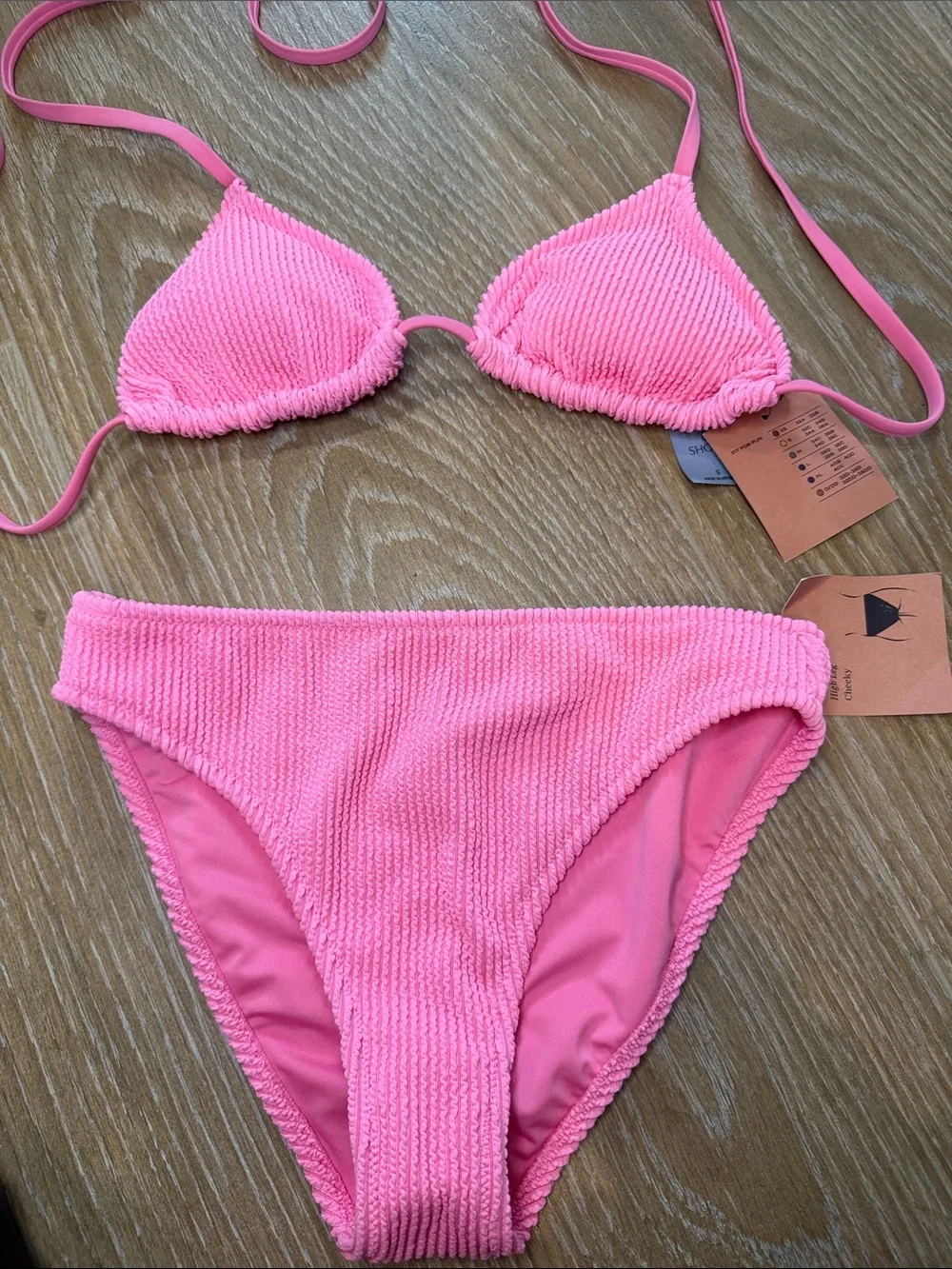Shade & Shore Pink Pucker Triangle Bikini Set in Bright Pink NWT S